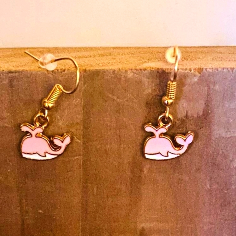 Pink and white whale earrings